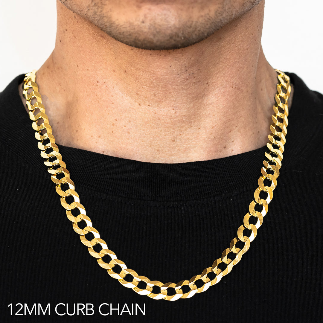 10K 12MM YELLOW GOLD SOLID CURB 22" CHAIN NECKLACE