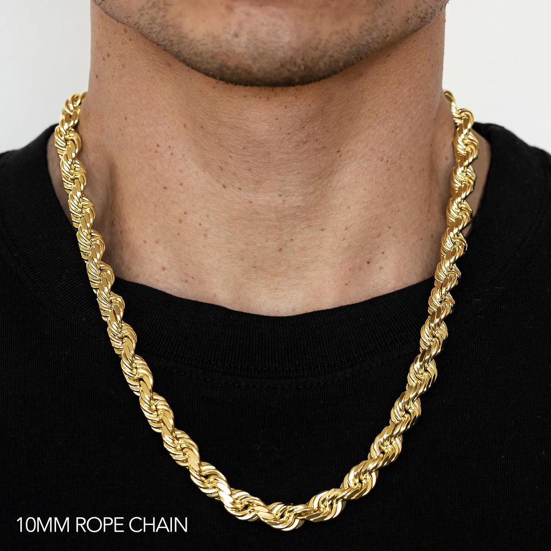 10K 10MM YELLOW GOLD DC HOLLOW ROPE 24" CHAIN NECKLACE