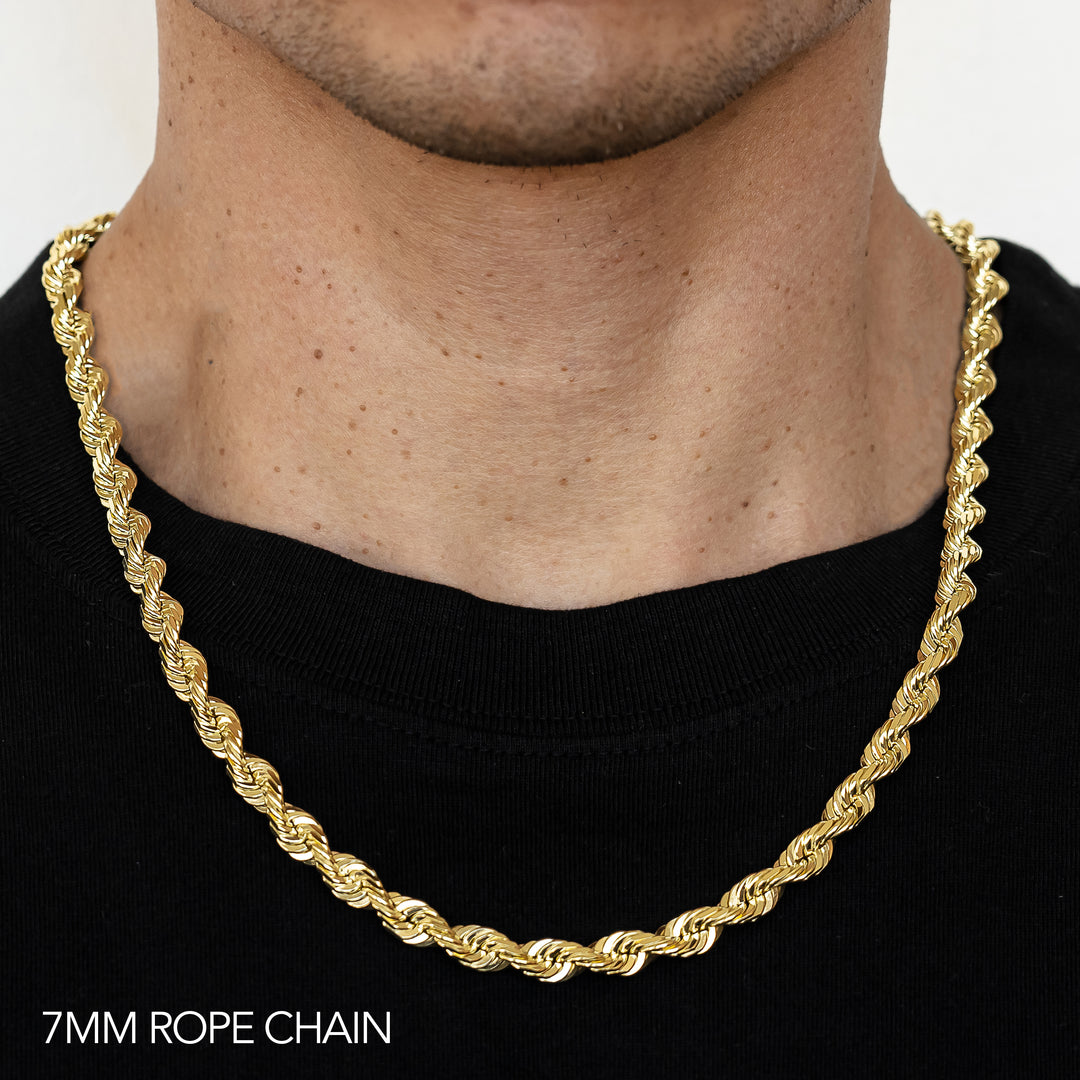 14K 7MM YELLOW GOLD DC HOLLOW ROPE 24" CHAIN NECKLACE