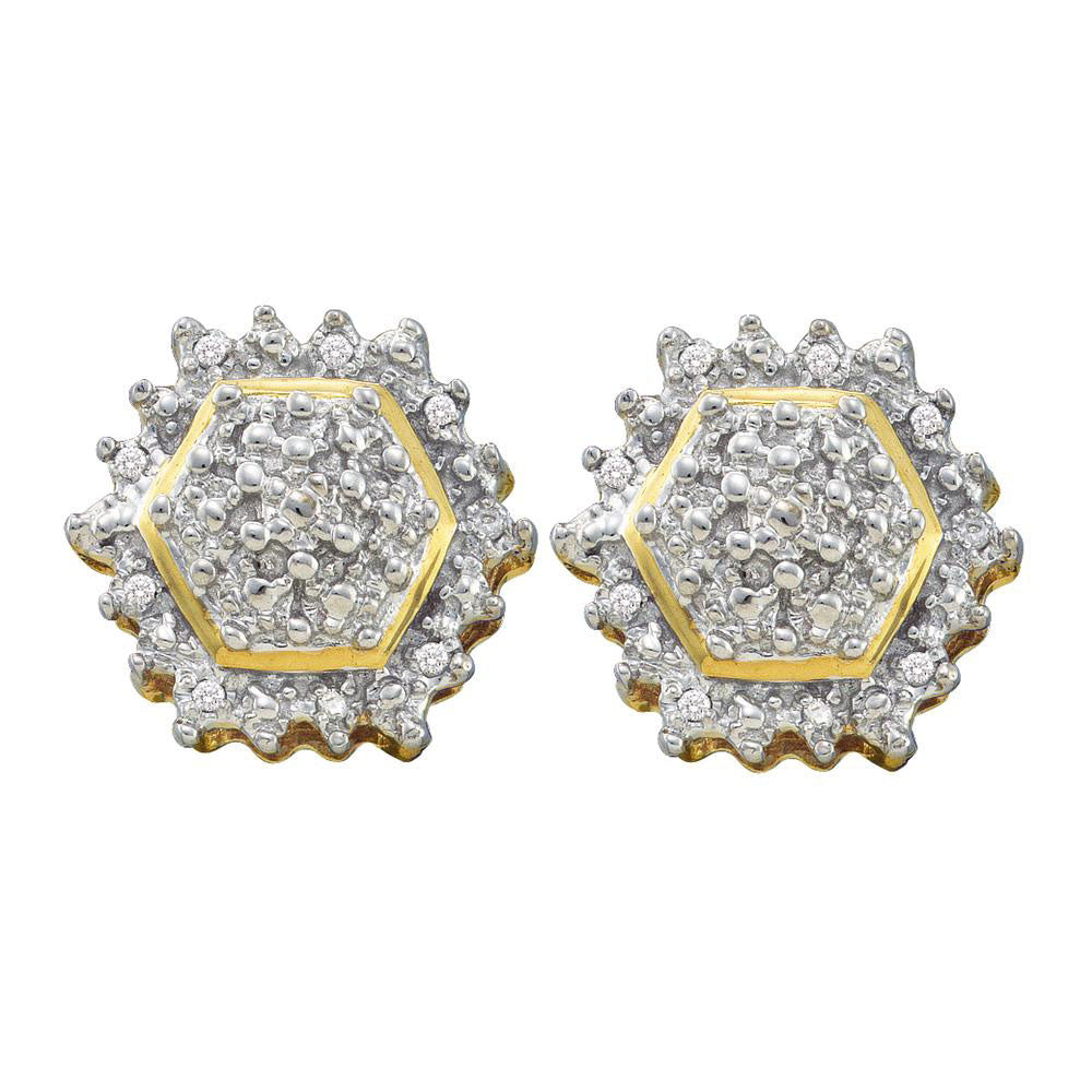 10kt Yellow Gold Womens Round Diamond Hexagon Geometric Cluster Earrings 1/10 Cttw